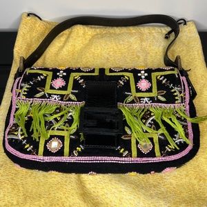 Authentic Vintage Fendi Black Embroidered Mamma Baguette